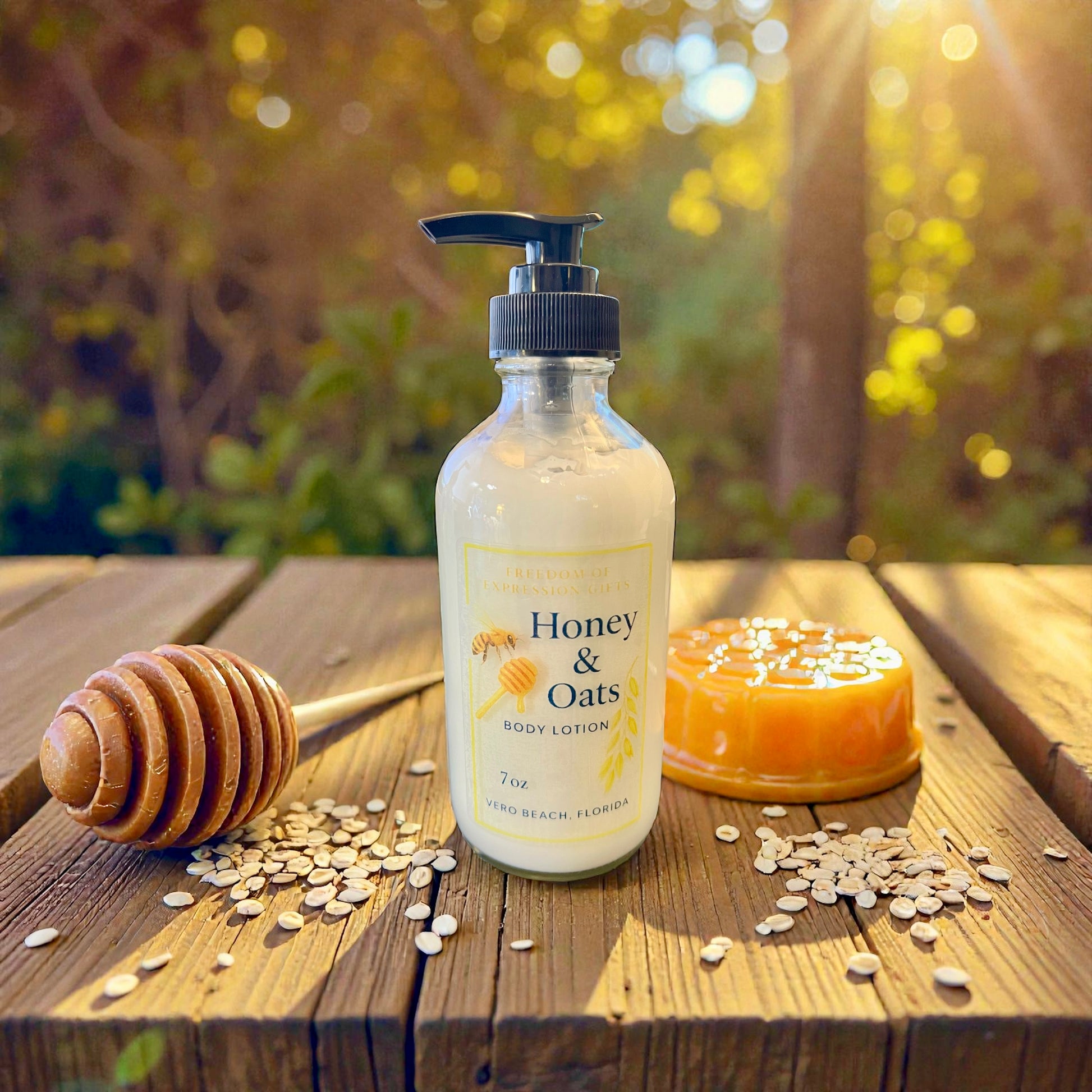 Oats & Honey Lotion – handmade body lotion in glass pump bottle from Freedom of Expression Gifts, Vero Beach Florida